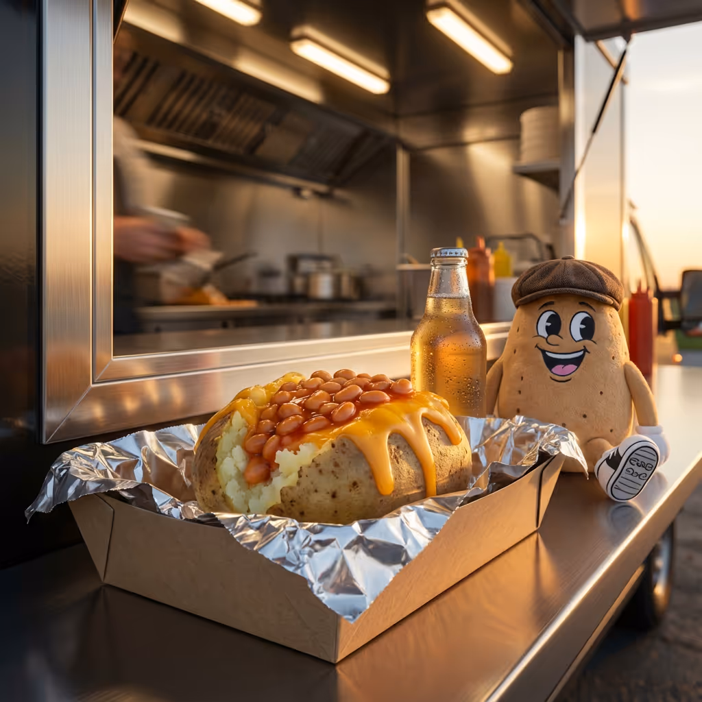Baked potato topped with melted cheese and baked beans, next to a cold bottled drink and a smiling potato-shaped plush toy on a metal counter at a food truck.