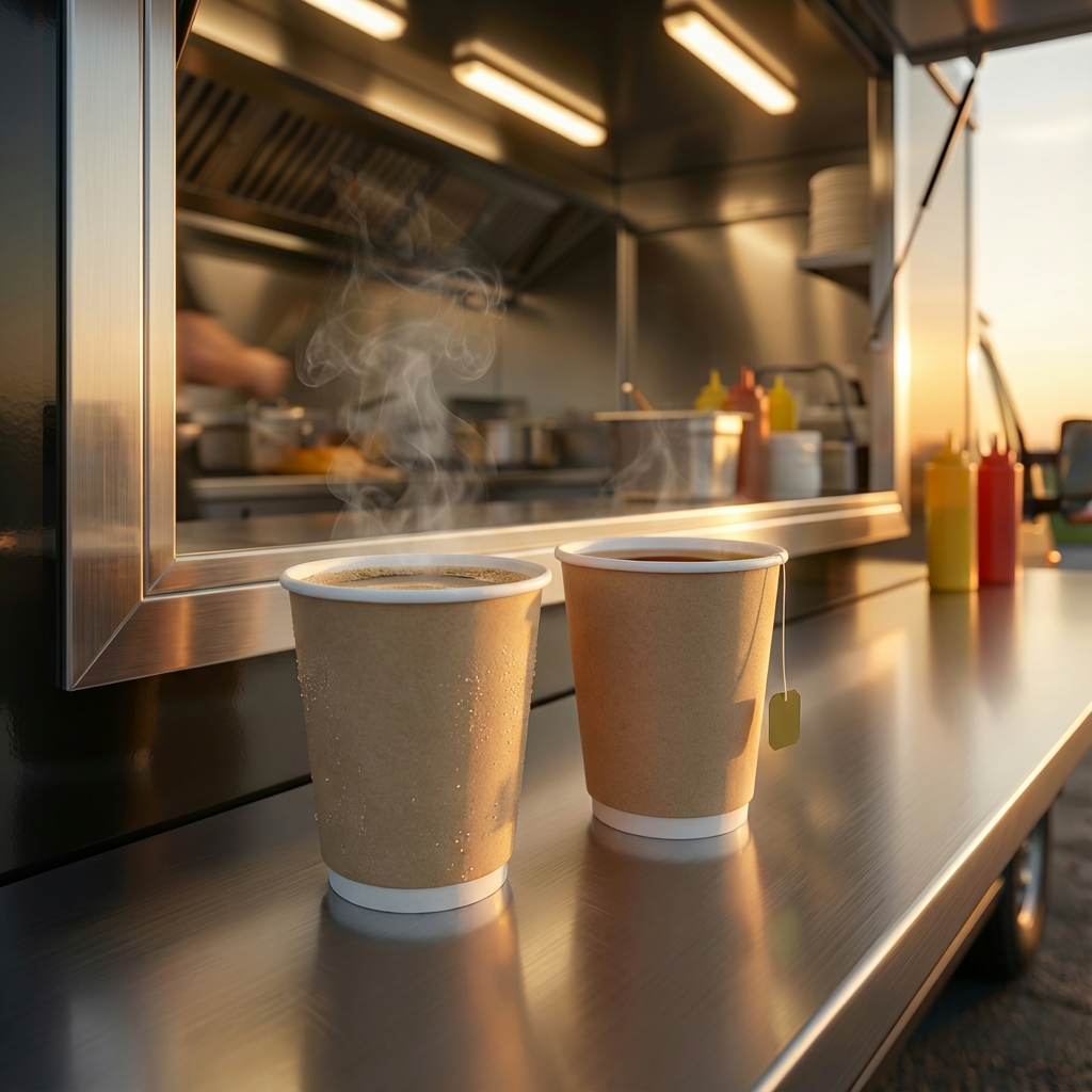 Two steaming hot drinks in disposable cups on a food truck counter during sunset.