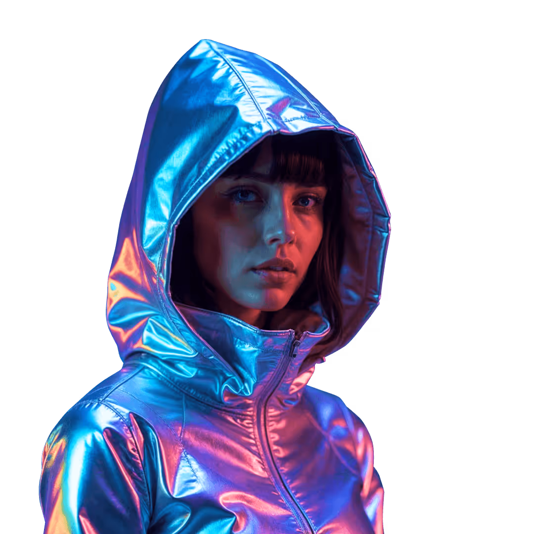 Woman wearing a shiny metallic hooded jacket illuminated with blue and pink lighting.