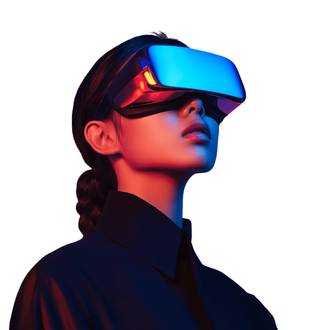 Woman wearing blue and red lit virtual reality headset against a black background.