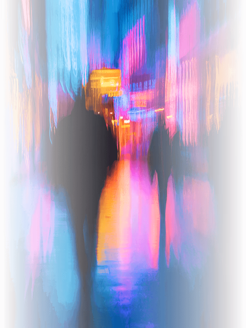 Abstract blurred silhouettes of two people walking on a street illuminated by vibrant blue, pink, and orange neon lights.