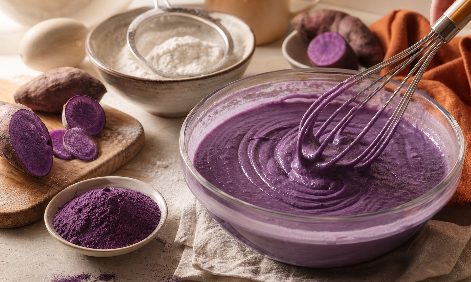 Préparation d’une pâte violette pour ube cake avec poudre d’ube, fouet et morceaux d’ube