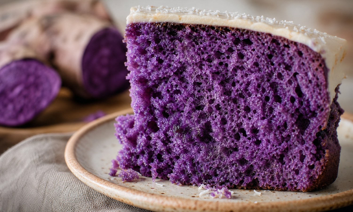 Tranche d’ube cake violet moelleux avec glaçage léger et mie aérée