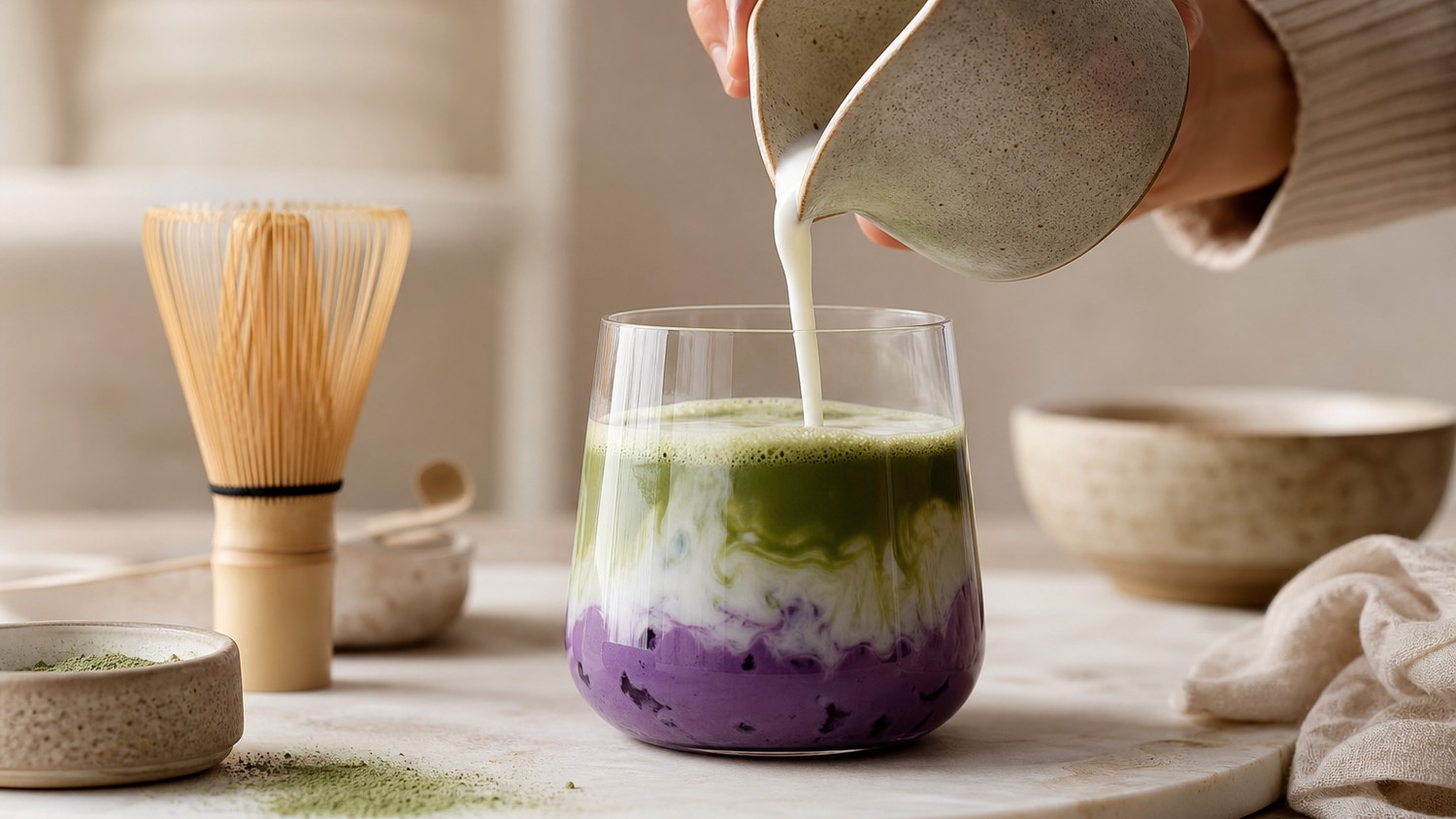 Préparation d’un ube matcha latte avec lait versé sur une base violette et matcha fouetté