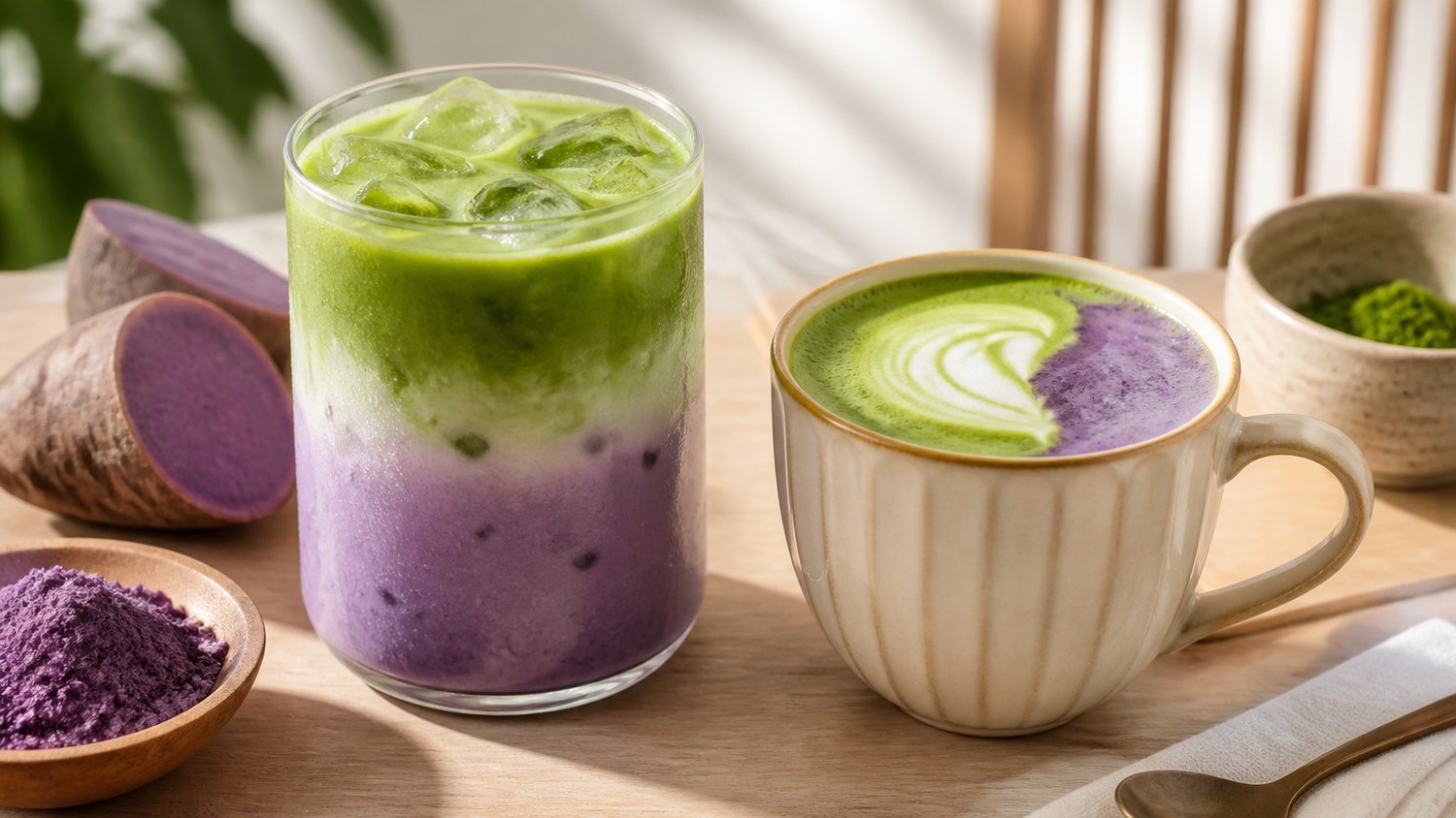 Ube matcha latte glacé et chaud avec contraste violet et vert dans un décor premium