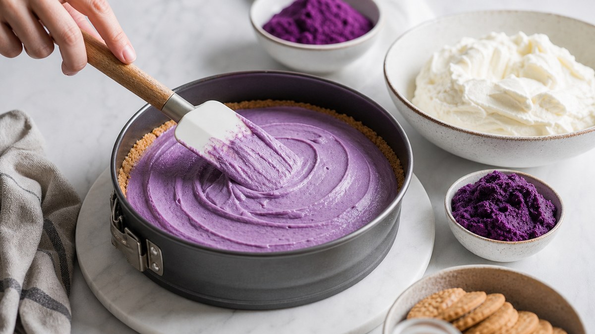 Préparation d’un cheesecake ube sans cuisson avec crème violette lissée dans un moule