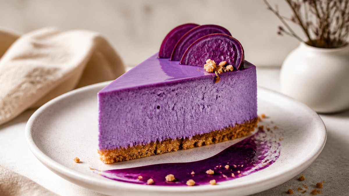 Part de cheesecake ube crémeuse avec base biscuit et tranches d’igname violette