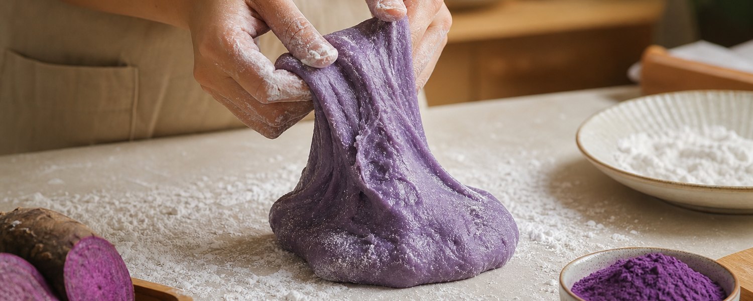 Préparation de mochi ube avec pâte violette, farine de riz gluant et poudre d’ube