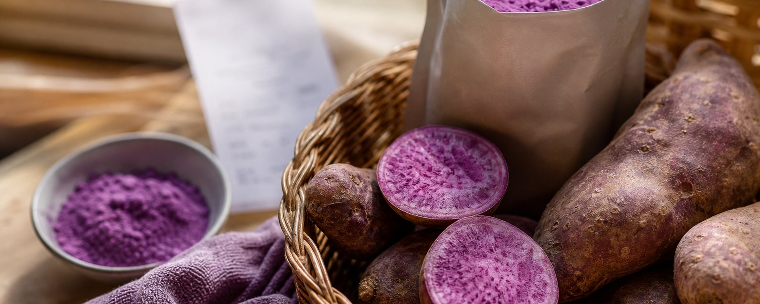 Panier d’épicerie avec tubercules d’ube violets et poudre d’ube