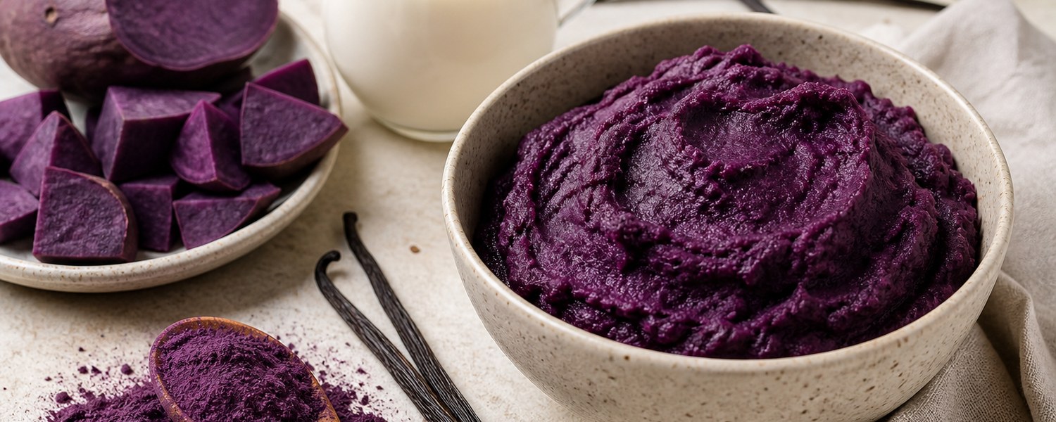 Bol d’ube cuit écrasé violet avec poudre d’ube et lait
