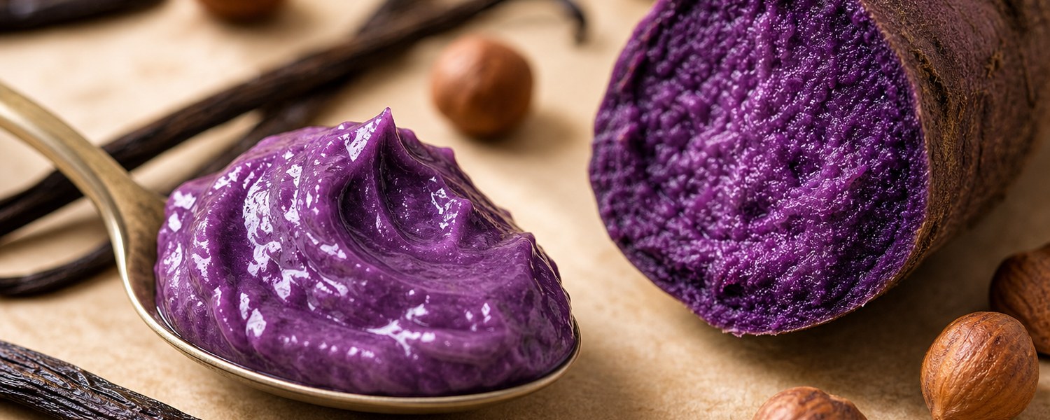 Cuillère de crème ube violette avec vanille noisettes et tubercule d’ube
