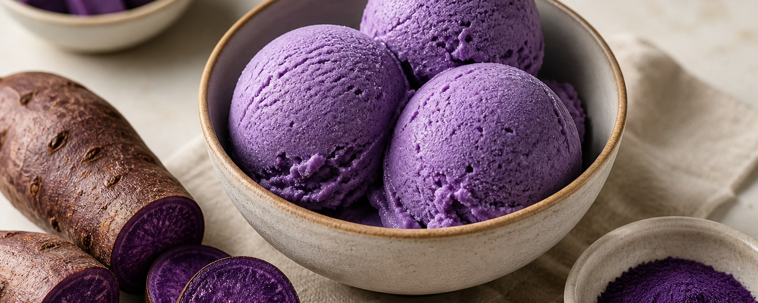Glace maison à l’ube violette servie avec poudre d’ube et tubercules coupés
