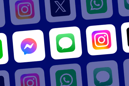 Icônes d'applications de messagerie et réseaux sociaux, y compris Messenger, Messages, Instagram, WhatsApp et X, sur un fond bleu.