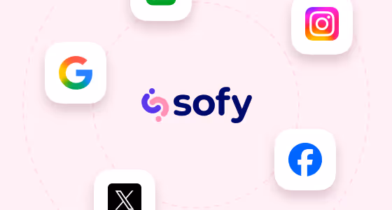 Logos de Google, Instagram, Facebook et X entourant le logo de Sofy sur un fond rose clair.