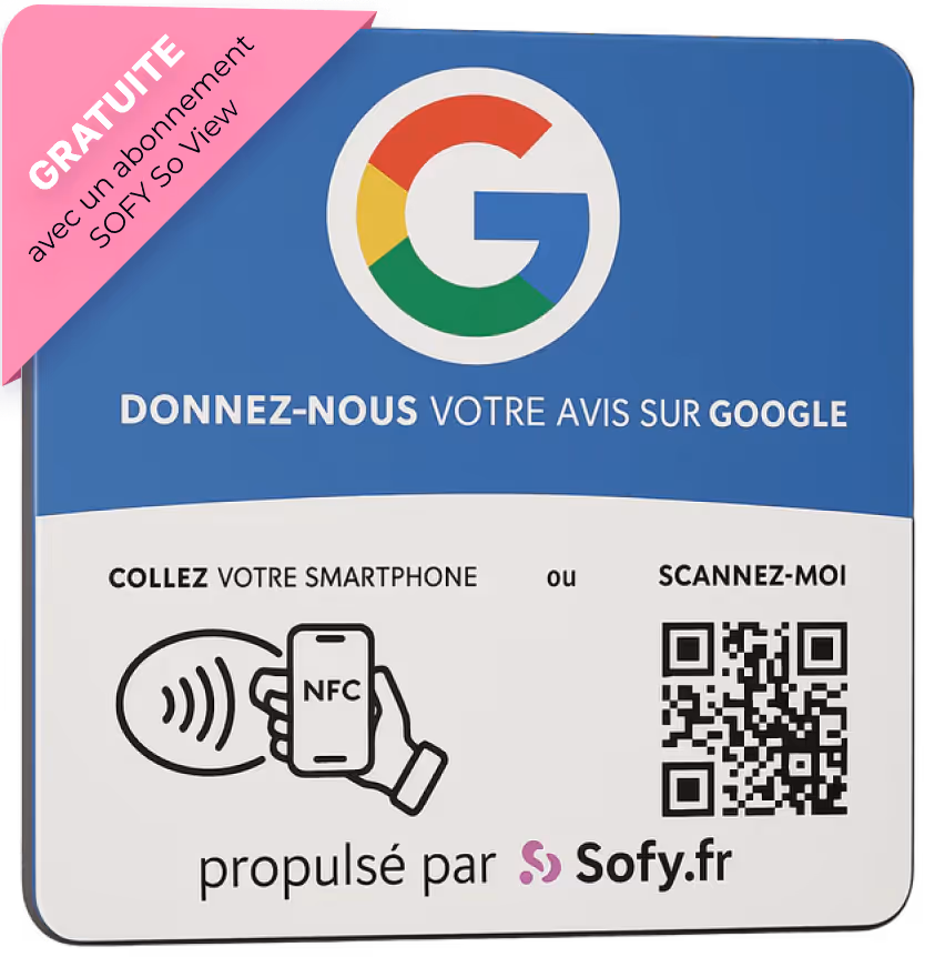 Carte invitant à donner un avis sur Google avec un smartphone via NFC ou QR code, avec abonnement gratuit à SOFY So View.