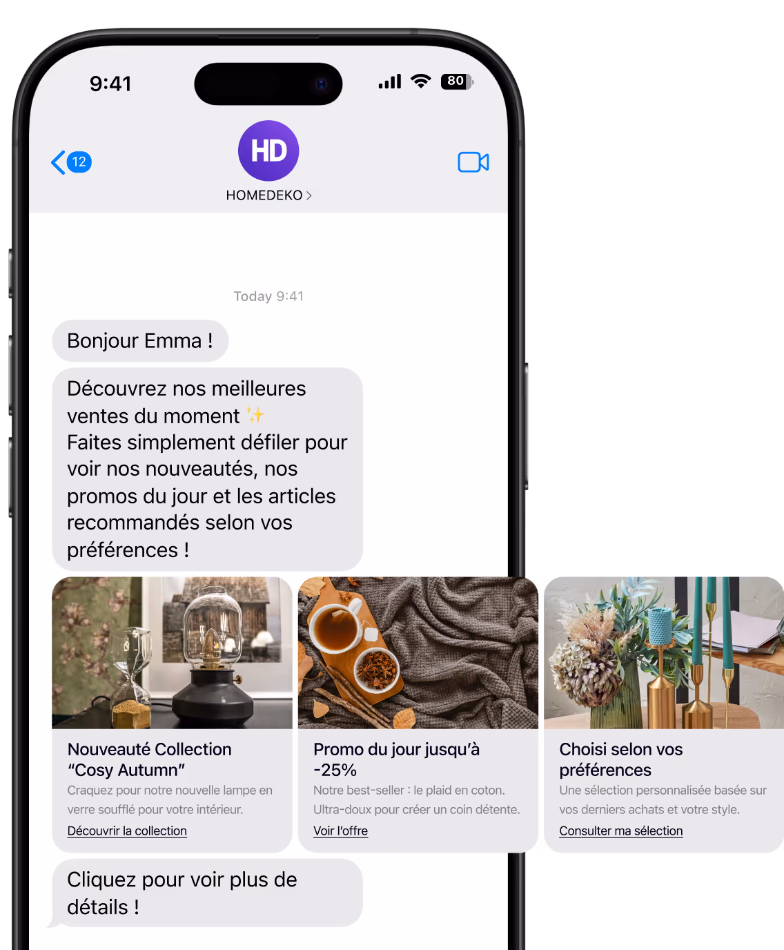 Capture d'écran d'un message texte de HOMEDEKO présentant une collection automnale avec une lampe en verre soufflé, une offre du jour sur un plaid en coton à -25 %, et une sélection personnalisée de bougies et fleurs.