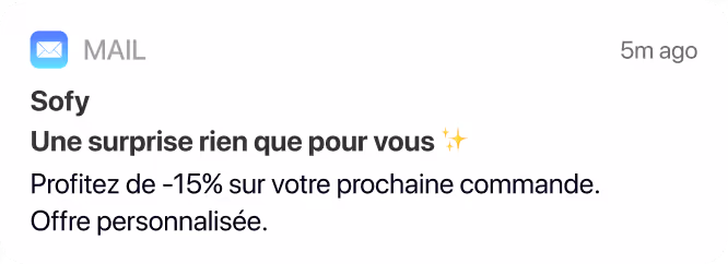 Notification mail de Sofy offrant une surprise avec 15% de réduction sur la prochaine commande, offre personnalisée.