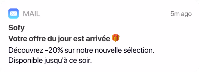 Notification d'email de Sofy annonçant une offre du jour avec 20% de réduction disponible jusqu'au soir.
