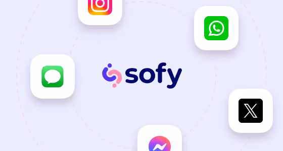 Logo Sofy entouré des icônes des applications Instagram, WhatsApp, Messages, Messenger et X.