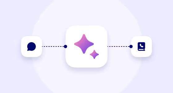Diagramme simple avec une icône de bulle de dialogue reliée par un point à une icône centrale d'étoiles violettes, ensuite reliée à une icône de carnet d'adresses avec un téléphone.