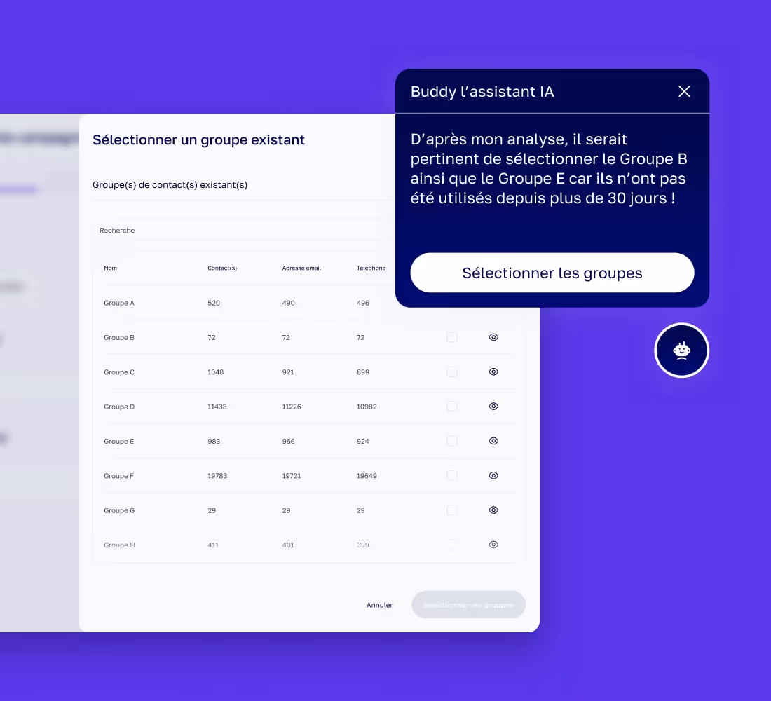 Interface de sélection d'un groupe existant avec une recommandation d'assistant IA de choisir le Groupe B et le Groupe E non utilisés depuis plus de 30 jours.