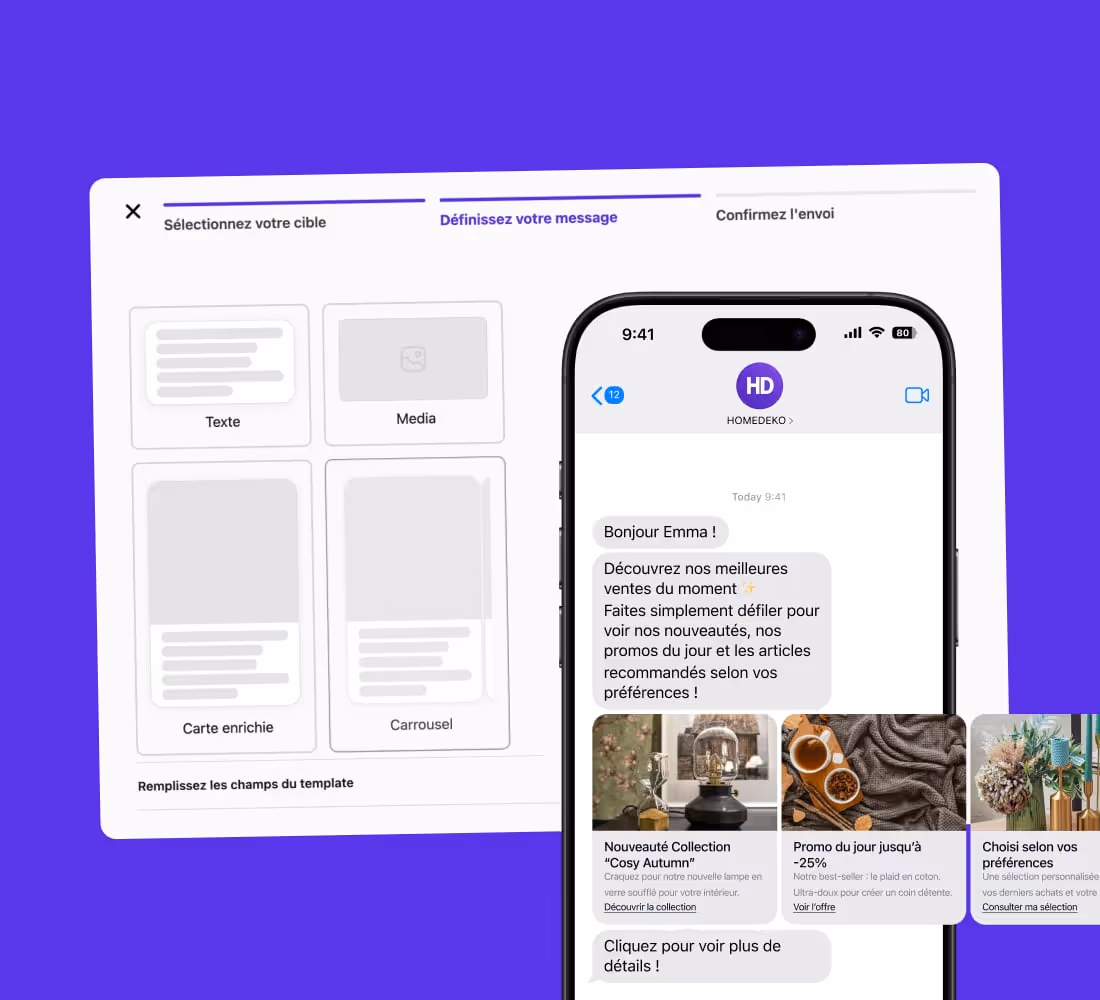 Interface d'une application montrant la création d'un message avec options de texte, média, carte enrichie ou carrousel, et aperçu d'un message texte promotionnel sur mobile avec une collection automne, une promo et une sélection personnalisée.