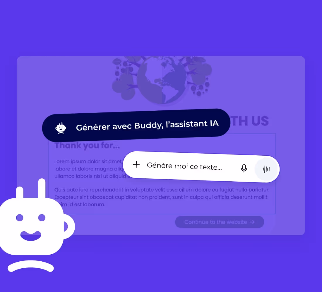 Interface d'assistant IA Buddy avec champ de texte pour générer du contenu et icônes microphone et onde sonore sur fond violet.