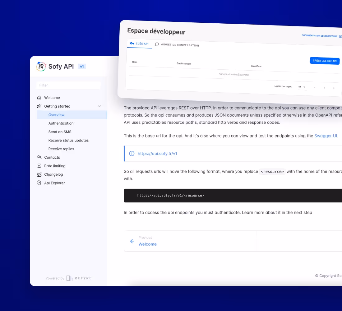 Capture d'écran de la documentation API Sofy montrant l'interface de l'espace développeur avec des instructions pour utiliser les clés API et un aperçu du menu de navigation.
