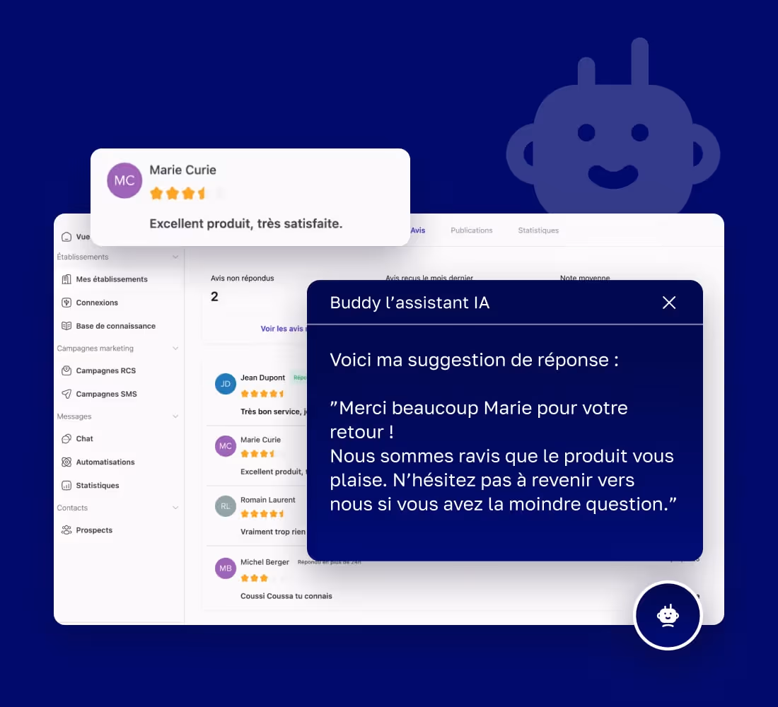 Capture d'écran d'une interface de gestion des avis clients montrant un avis de Marie Curie et une suggestion de réponse automatique de Buddy l'assistant IA.