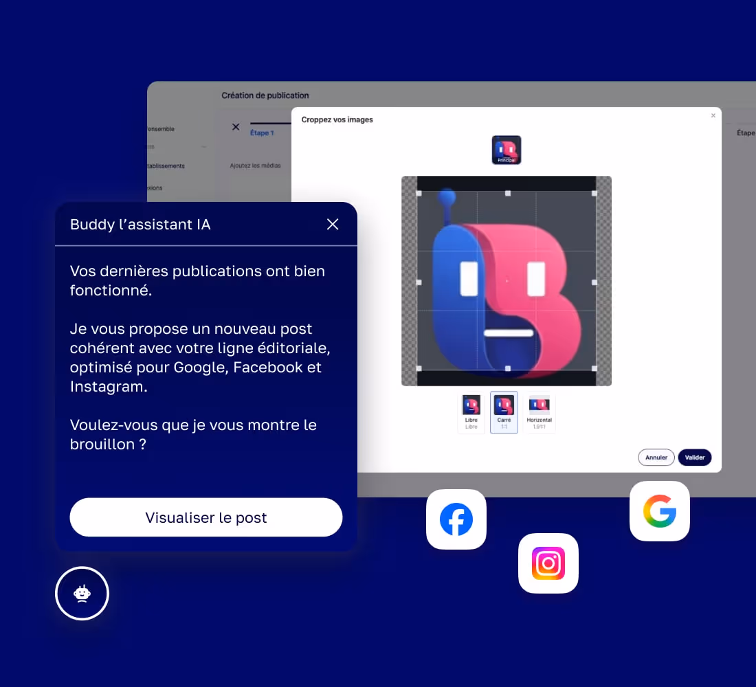 Interface d'une IA assistant Buddy proposant un nouveau post éditorial optimisé pour Google, Facebook et Instagram avec option de visualisation, sur fond bleu avec logos des réseaux sociaux.