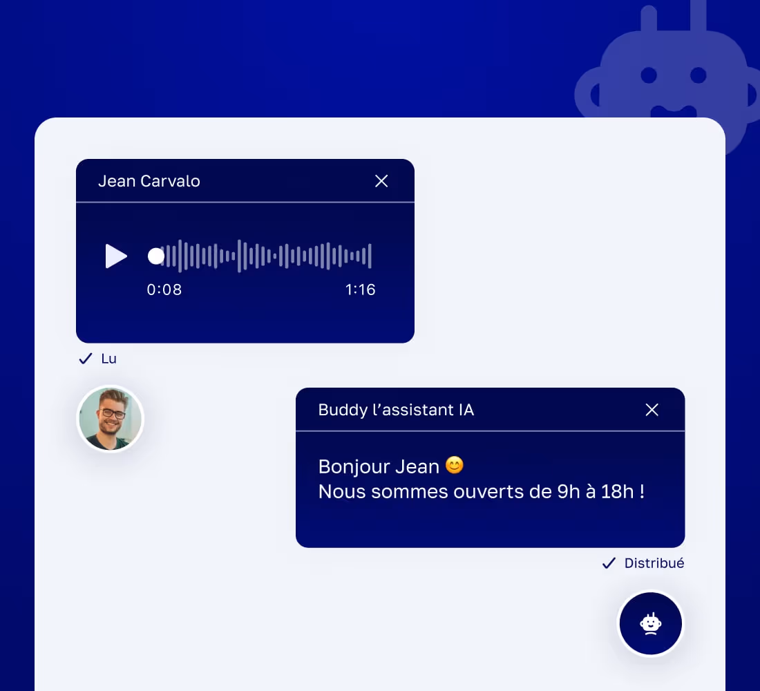 Interface de chat montrant un message audio de Jean Carvalo et une réponse de Buddy l'assistant IA disant bonjour et indiquant les heures d'ouverture de 9h à 18h.