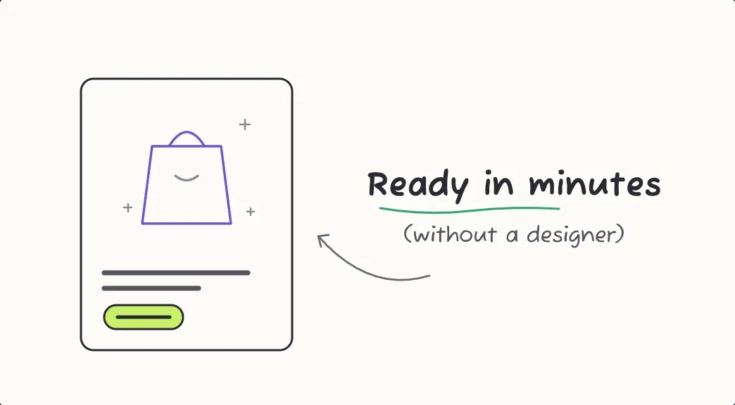 A finished ad drawn by hand with the words Ready in minutes, without a designer