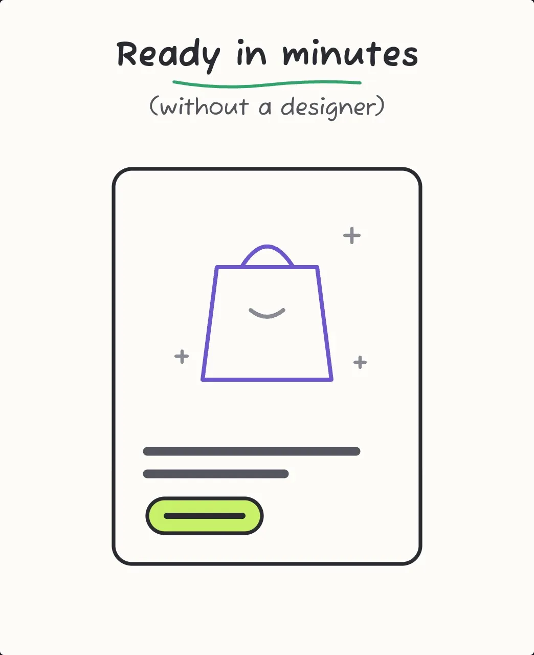 A finished ad drawn by hand with the words Ready in minutes, without a designer