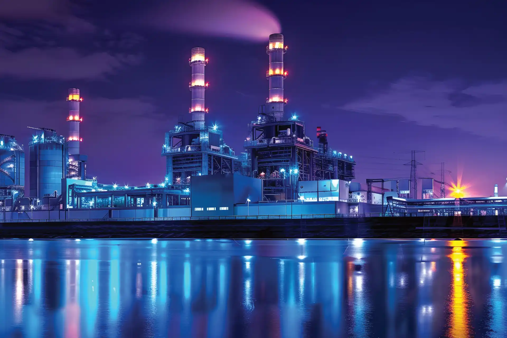Industrial power plant illuminated at night with three lit smokestacks reflecting on calm water.