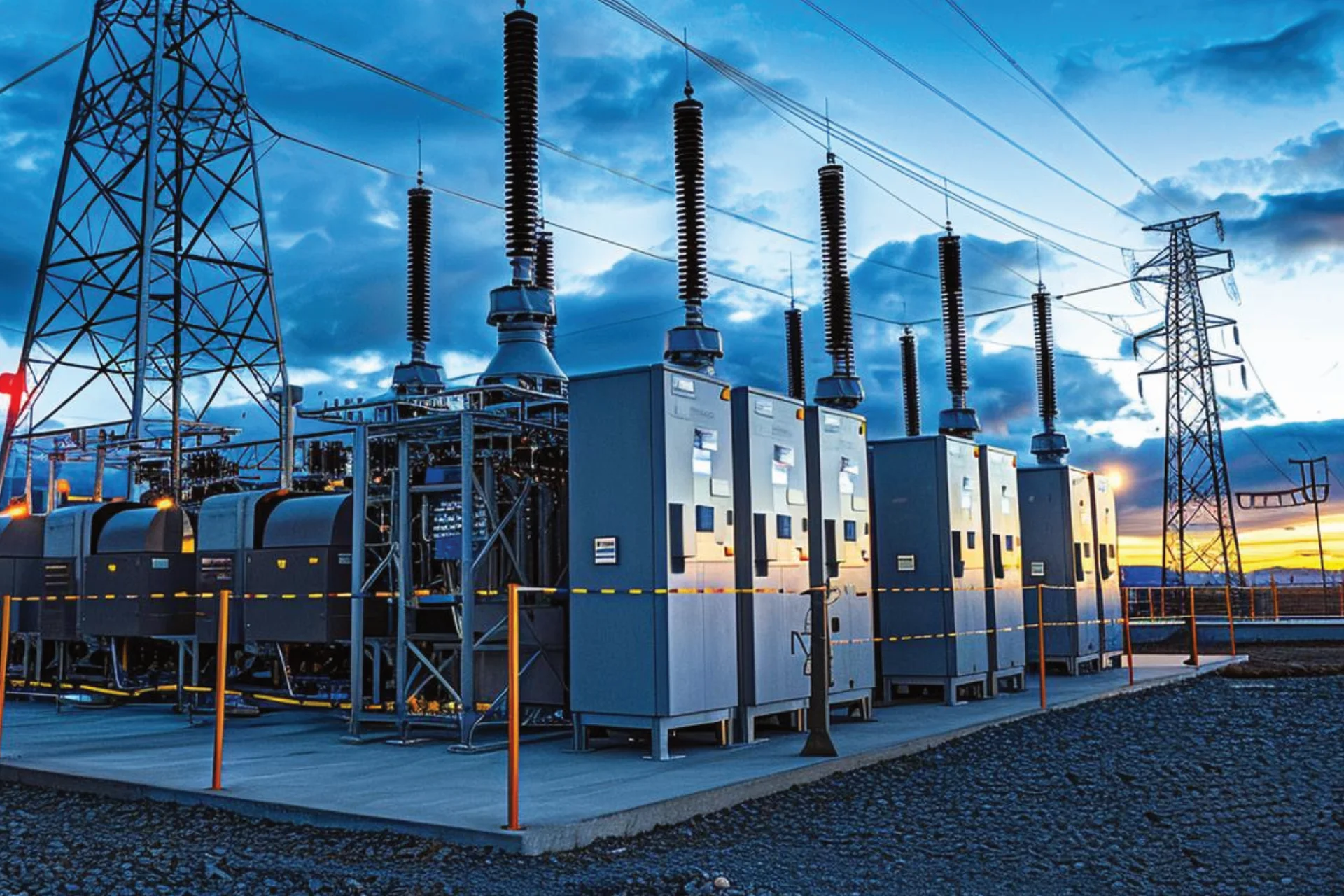 Electrical substation with transformers and high voltage power lines at sunset under a cloudy sky.
