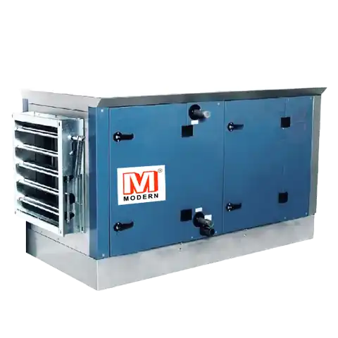 Blue industrial air handling unit with Modern brand logo and multiple vents and panels.