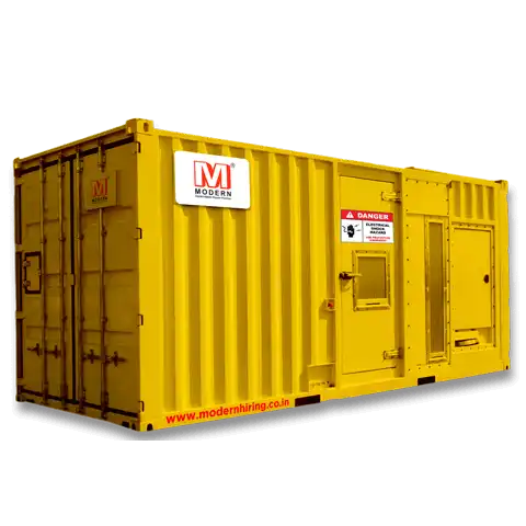 Large yellow industrial container labeled Modern with a danger sign, used for housing equipment.