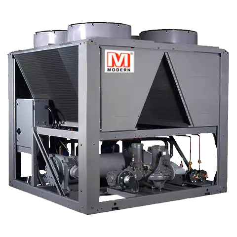 Industrial Modern brand chiller unit with exposed mechanical components and three cooling fans on top.