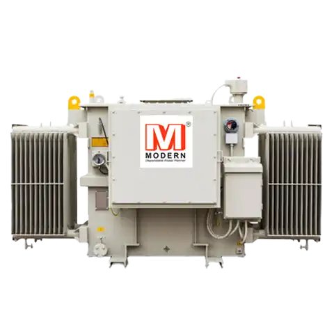 Industrial electrical transformer with heat dissipation fins and a Modern logo on the front panel.
