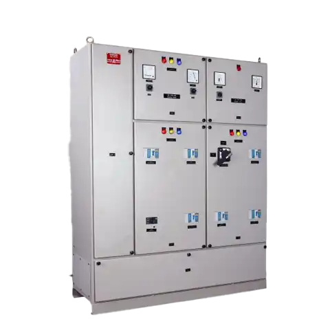 Metal electrical control panel with multiple gauges, switches, and indicator lights.