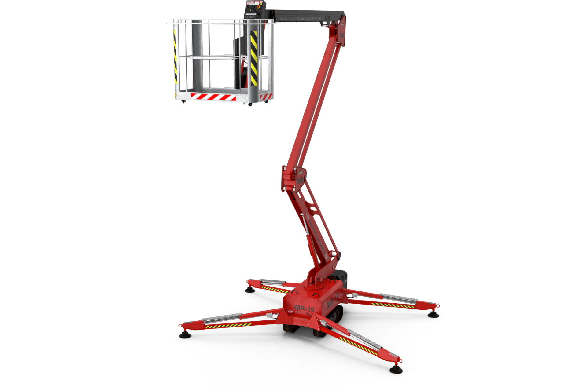 Red articulated boom lift with extended stabilizing legs and an empty metal work platform.