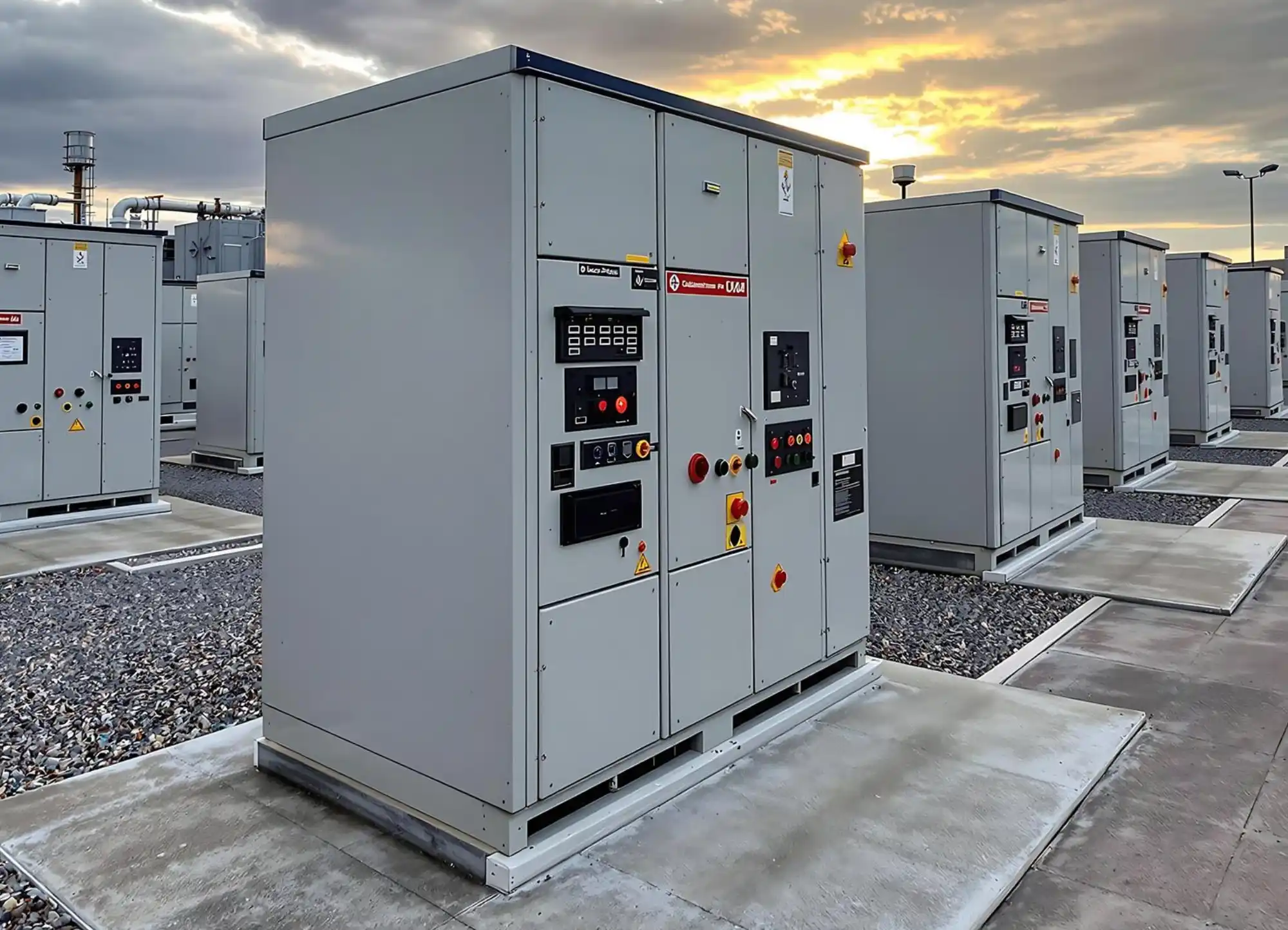 Row of industrial grey electrical control panels installed outdoors at sunset.