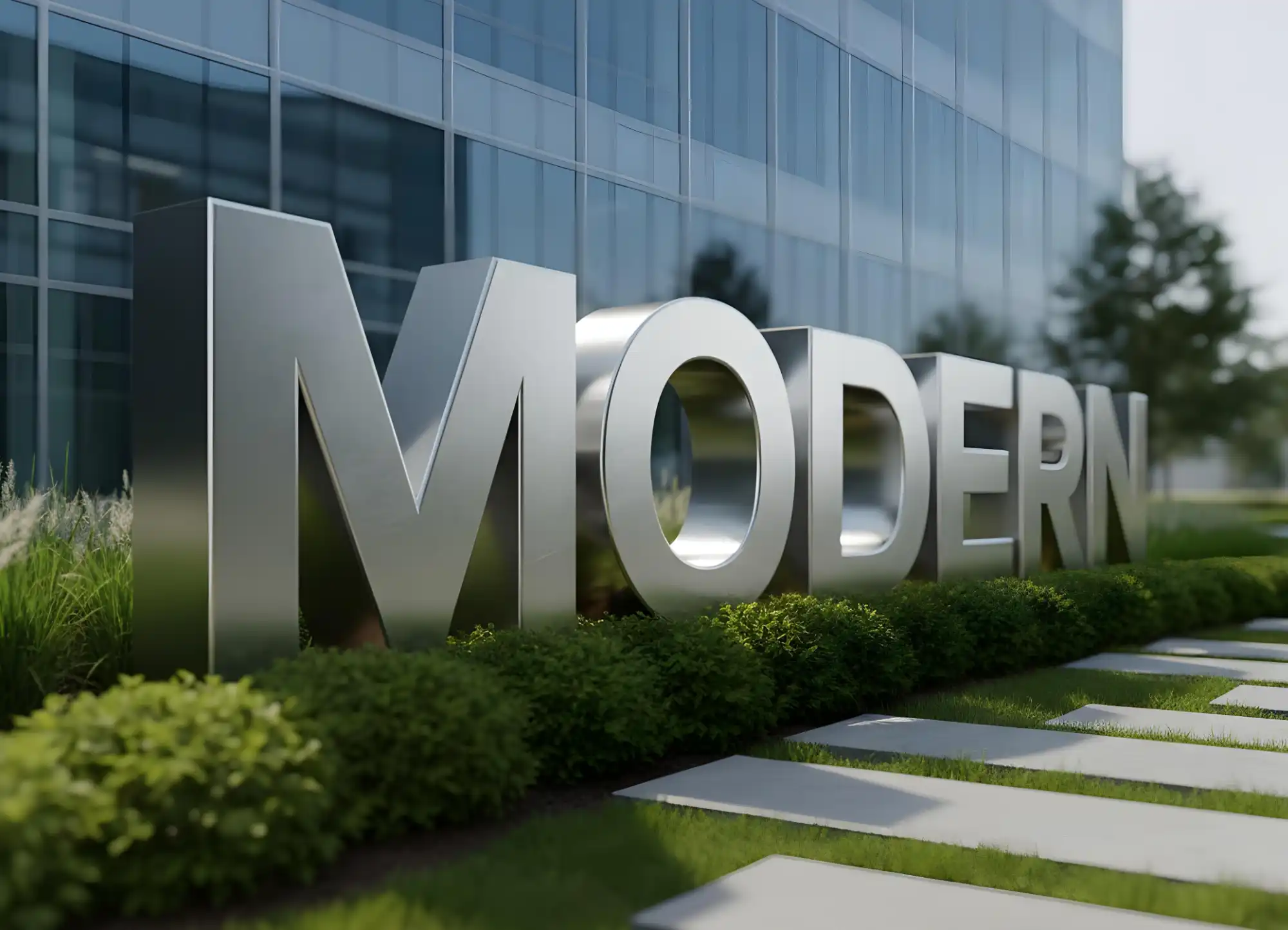 Large metallic letters spelling 'MODERN' in front of a glass building with green shrubs and stepping stones.