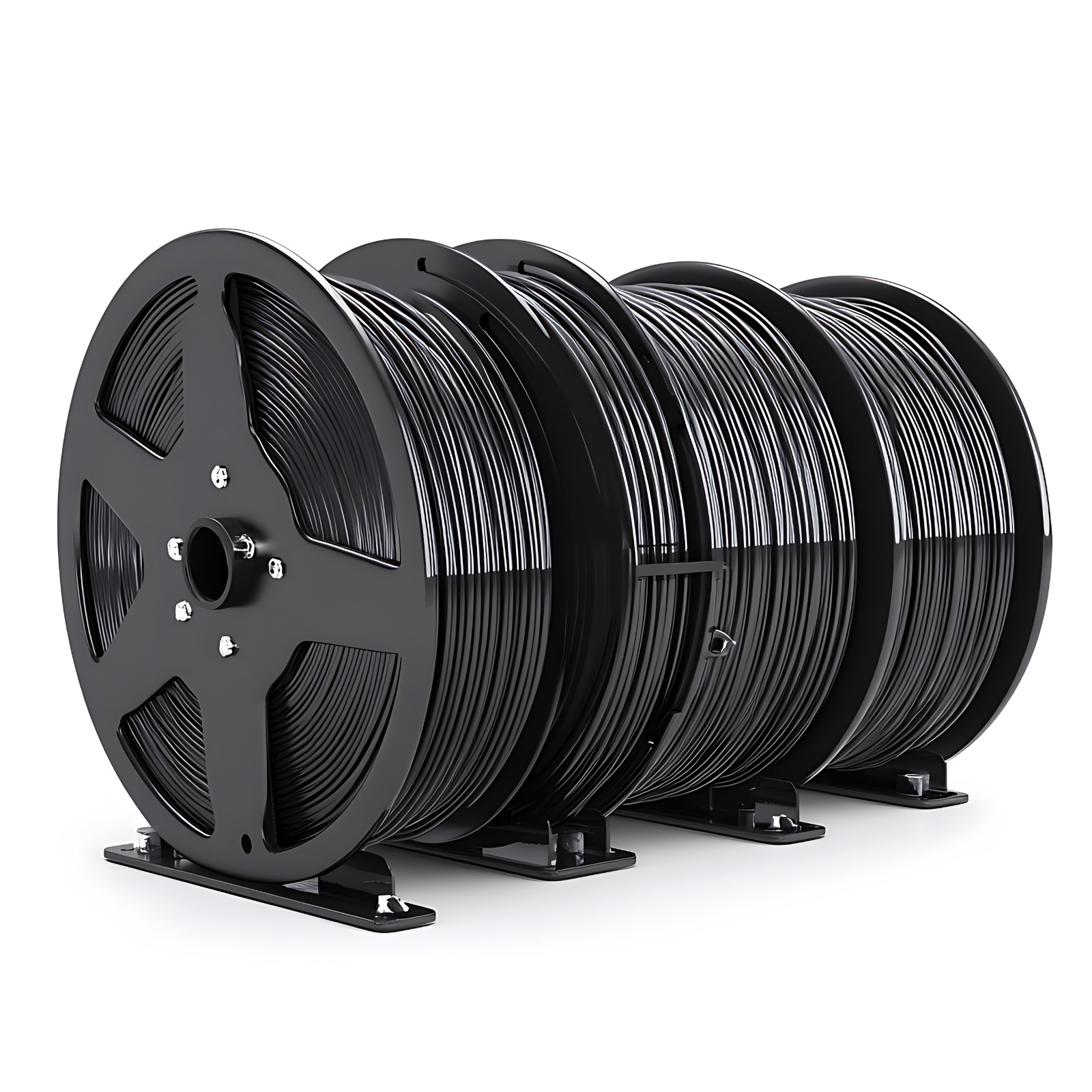 Large teal industrial generator with a yellow and black safety railing in front, placed against a white wall.