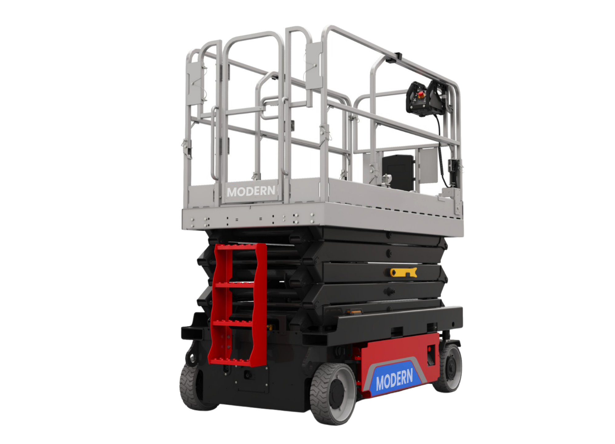 Orange and beige scissor lift with safety railings and control panel, isolated on white.