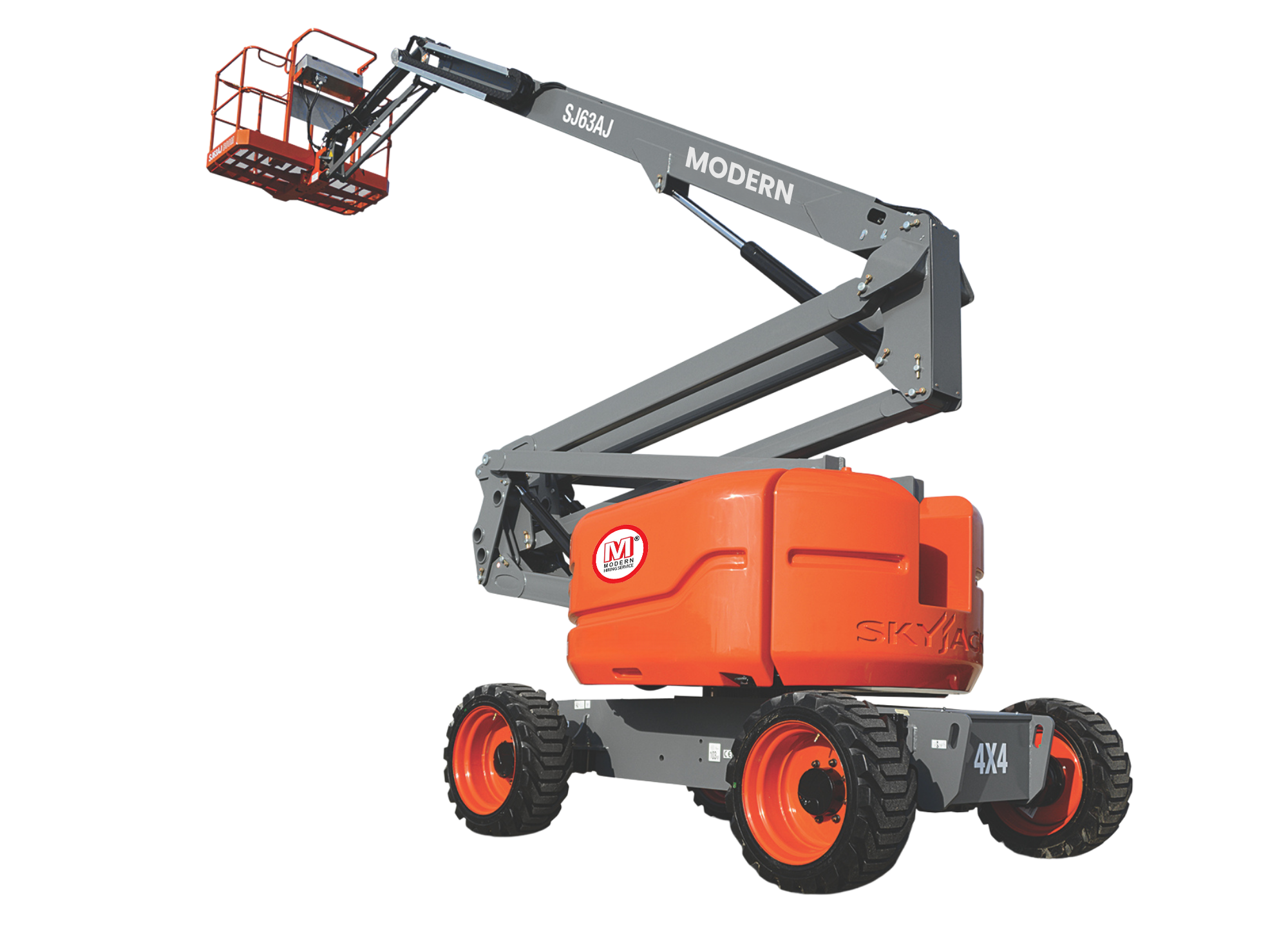 Orange and beige telescopic boom lift with safety railing platform extended upwards.
