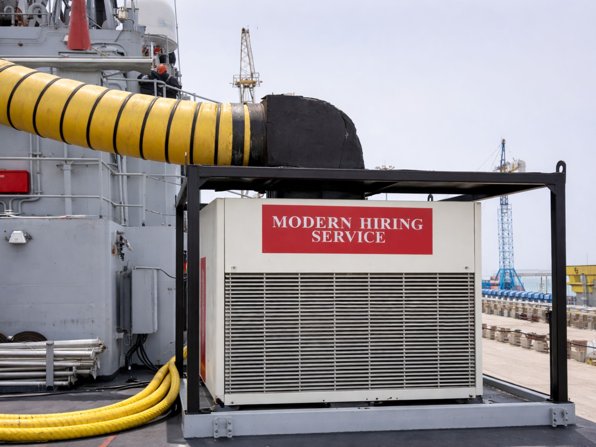 Large industrial air conditioning unit labeled 'MODERN HIRING SERVICE' with connected yellow ducting on a ship deck.