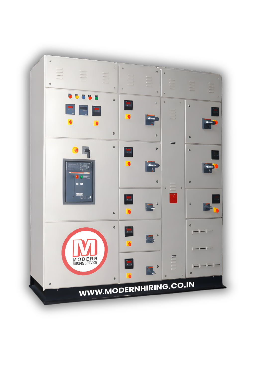 Large teal industrial generator with a yellow and black safety railing in front, placed against a white wall.