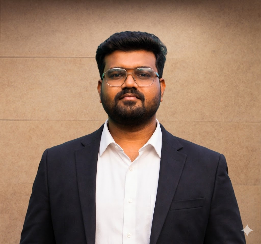 Man with beard and glasses wearing a dark suit jacket and white shirt standing against a plain background.