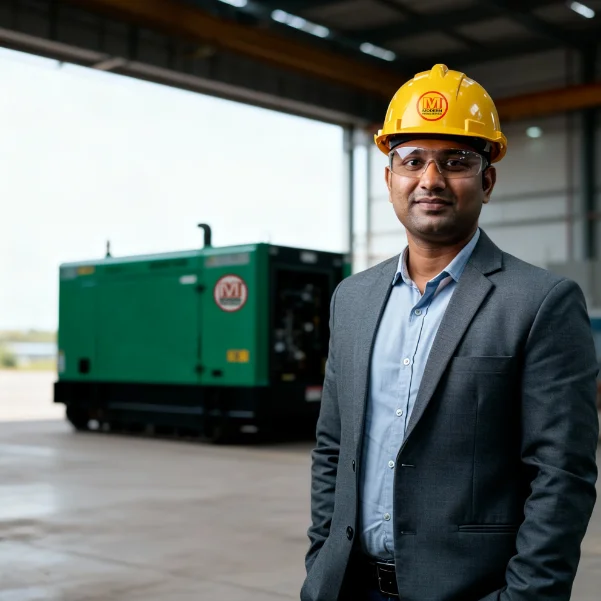 Man wearing a yellow hard hat and safety glasses standing in an industrial warehouse with machinery in the background.